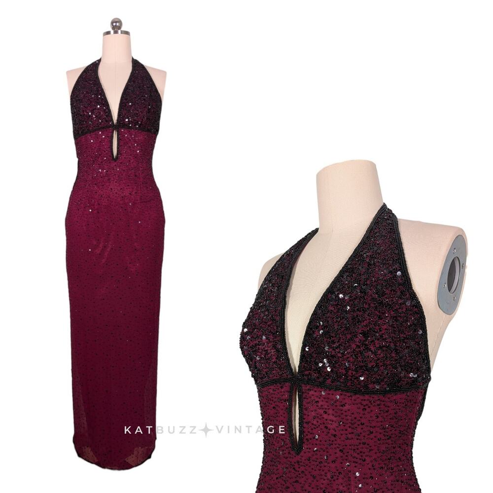 Vintage Scala Prom Dress Maxi Gown L Red Glam Vamp Deep V Bead Silk Pageant
